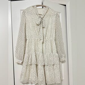Ivory Polka Dot Tie-Neck Tiered Dress
